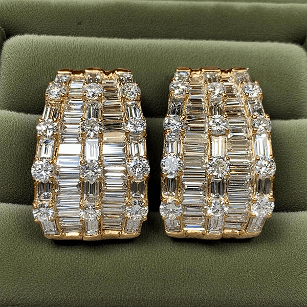 Multi Row Yellow Gold Baguette & Round Cut White Sapphire Hoop Earrings For Women