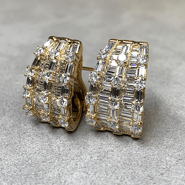 Multi Row Yellow Gold Baguette & Round Cut White Sapphire Hoop Earrings For Women
