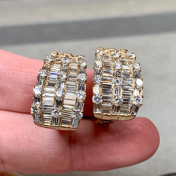 Multi Row Yellow Gold Baguette & Round Cut White Sapphire Hoop Earrings For Women