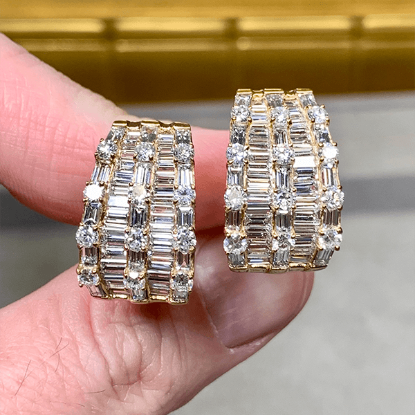 Multi Row Yellow Gold Baguette & Round Cut White Sapphire Hoop Earrings For Women