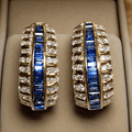 Vintage Art Deco Yellow Gold Baguette Cut Blue Sapphire Hoop Earrings For Women
