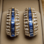 Vintage Art Deco Yellow Gold Baguette Cut Blue Sapphire Hoop Earrings For Women