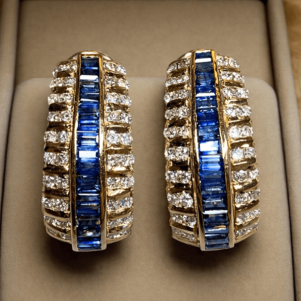 Vintage Art Deco Yellow Gold Baguette Cut Blue Sapphire Hoop Earrings For Women