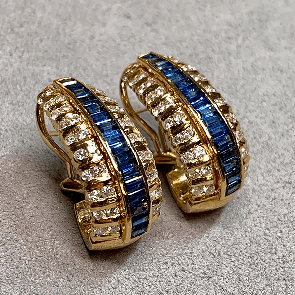 Vintage Art Deco Yellow Gold Baguette Cut Blue Sapphire Hoop Earrings For Women
