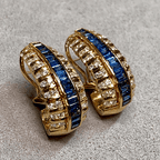 Vintage Art Deco Yellow Gold Baguette Cut Blue Sapphire Hoop Earrings For Women