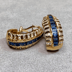 Vintage Art Deco Yellow Gold Baguette Cut Blue Sapphire Hoop Earrings For Women