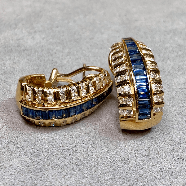 Vintage Art Deco Yellow Gold Baguette Cut Blue Sapphire Hoop Earrings For Women