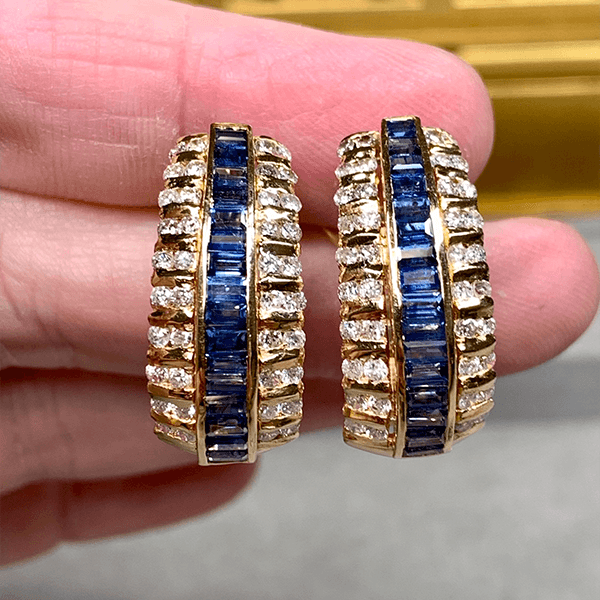 Vintage Art Deco Yellow Gold Baguette Cut Blue Sapphire Hoop Earrings For Women