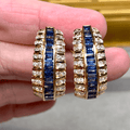 Vintage Art Deco Yellow Gold Baguette Cut Blue Sapphire Hoop Earrings For Women