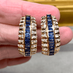 Vintage Art Deco Yellow Gold Baguette Cut Blue Sapphire Hoop Earrings For Women