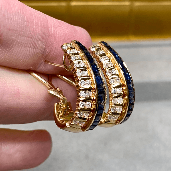 Vintage Art Deco Yellow Gold Baguette Cut Blue Sapphire Hoop Earrings For Women