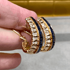 Vintage Art Deco Yellow Gold Baguette Cut Blue Sapphire Hoop Earrings For Women