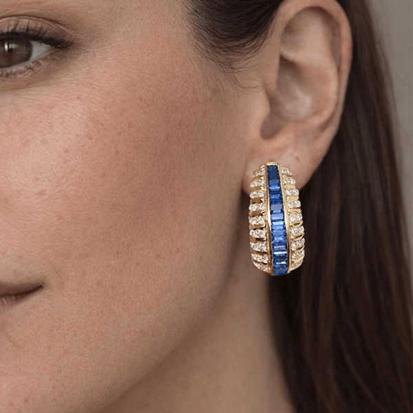 Vintage Art Deco Yellow Gold Baguette Cut Blue Sapphire Hoop Earrings For Women