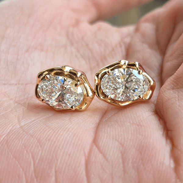 Classic Solitaire Yellow Gold Oval Cut White Sapphire Stud Earrings For Women