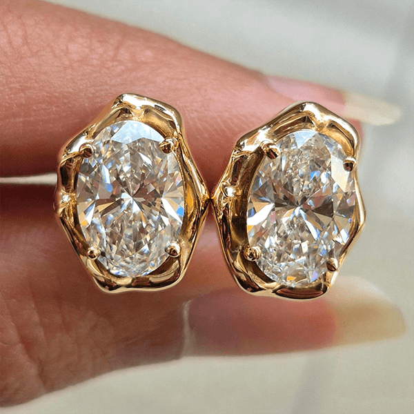 Classic Solitaire Yellow Gold Oval Cut White Sapphire Stud Earrings For Women
