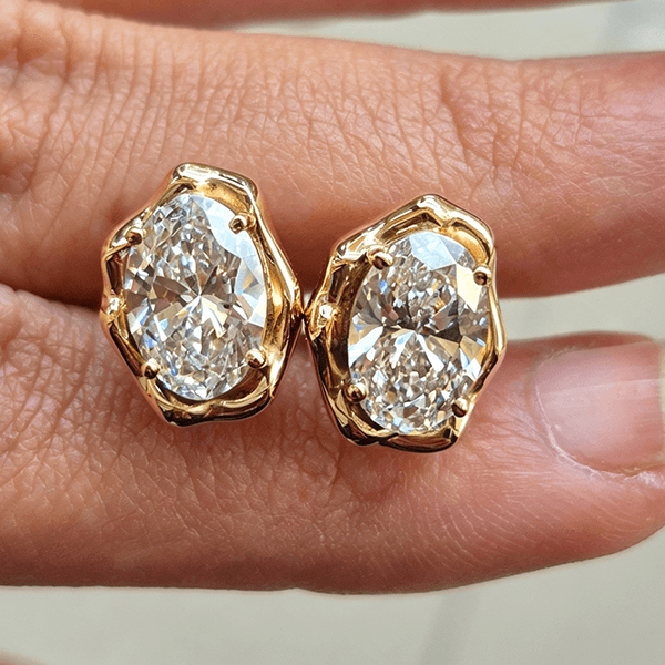 Classic Solitaire Yellow Gold Oval Cut White Sapphire Stud Earrings For Women