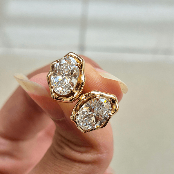 Classic Solitaire Yellow Gold Oval Cut White Sapphire Stud Earrings For Women