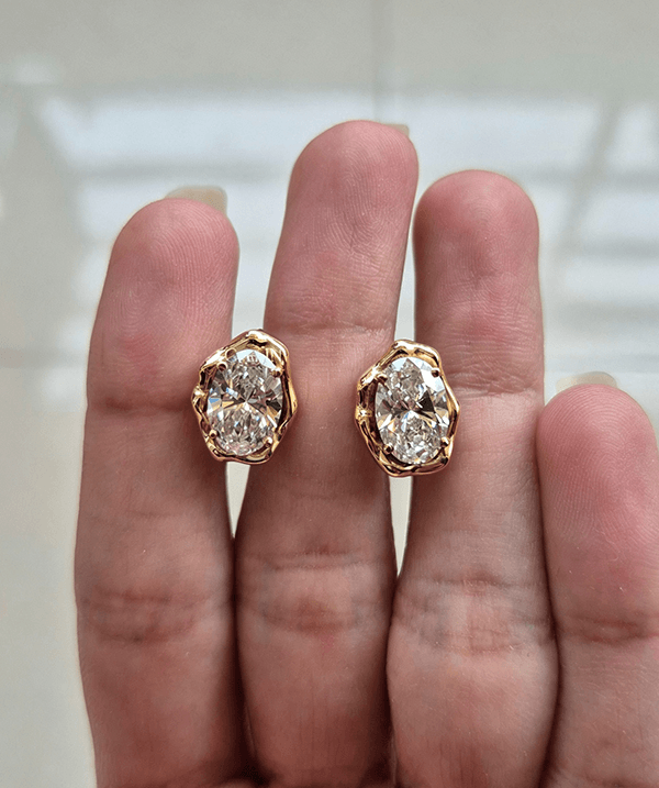 Classic Solitaire Yellow Gold Oval Cut White Sapphire Stud Earrings For Women