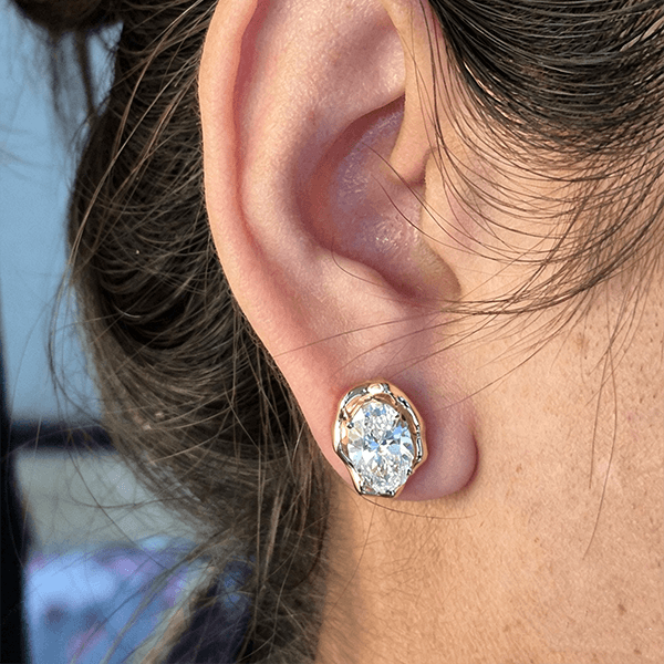 Classic Solitaire Yellow Gold Oval Cut White Sapphire Stud Earrings For Women