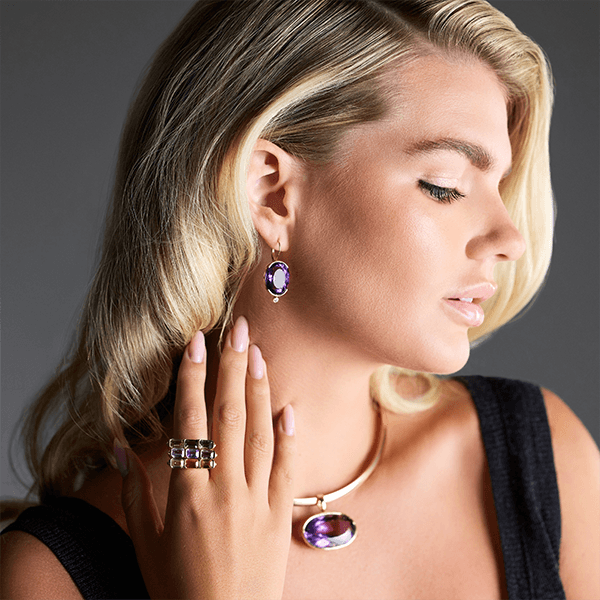 Half Bezel Yellow Gold Oval Cut Amethyst Sapphire Drop Earrings For Women