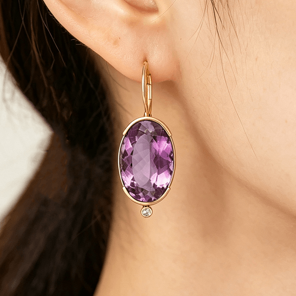 Half Bezel Yellow Gold Oval Cut Amethyst Sapphire Drop Earrings For Women