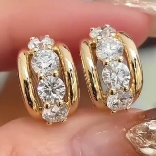 Classic Three Stone Yellow Gold Round Cut White Sapphire Hoop Earrings For Women