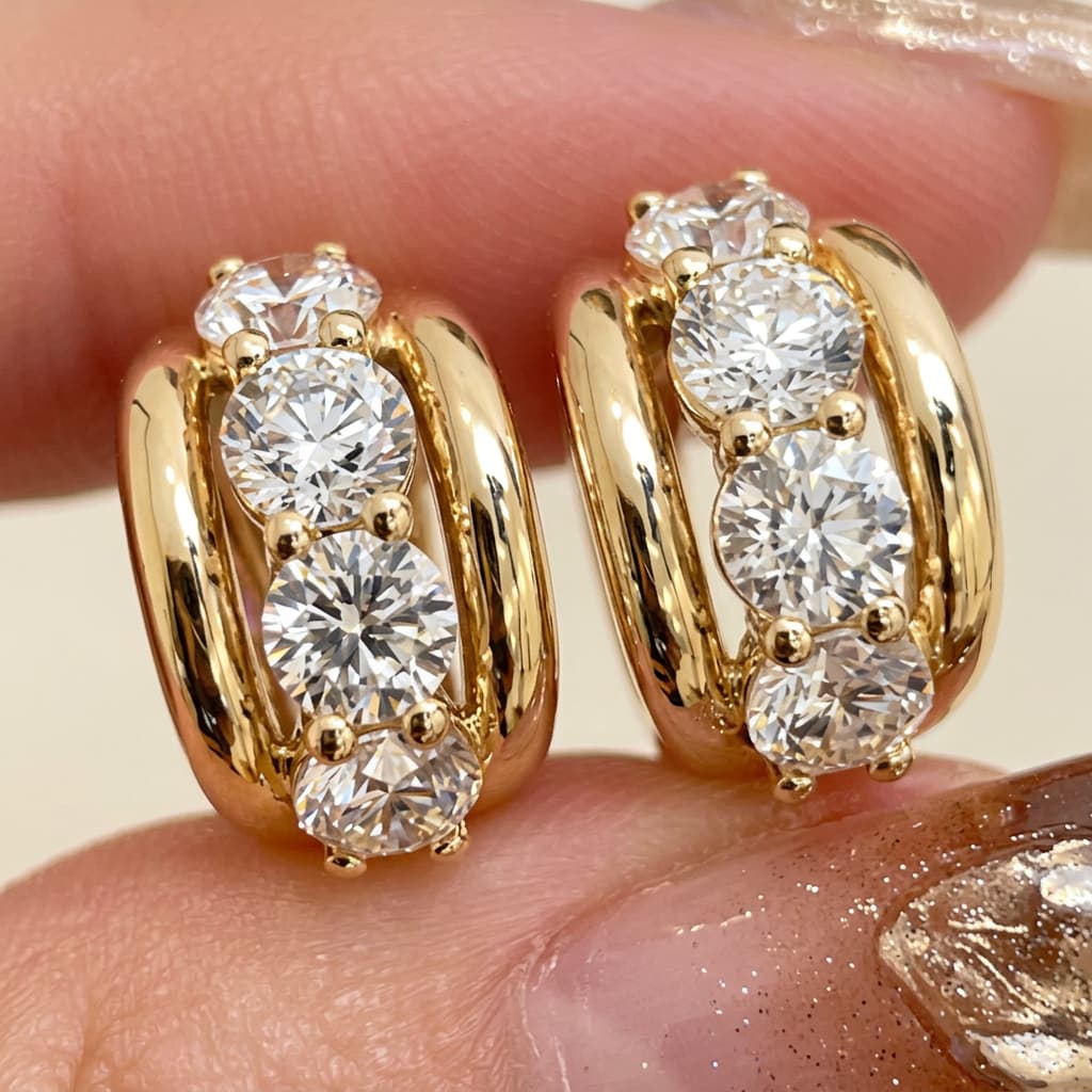 Classic Three Stone Yellow Gold Round Cut White Sapphire Hoop Earrings For Women