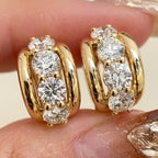 Classic Three Stone Yellow Gold Round Cut White Sapphire Hoop Earrings For Women