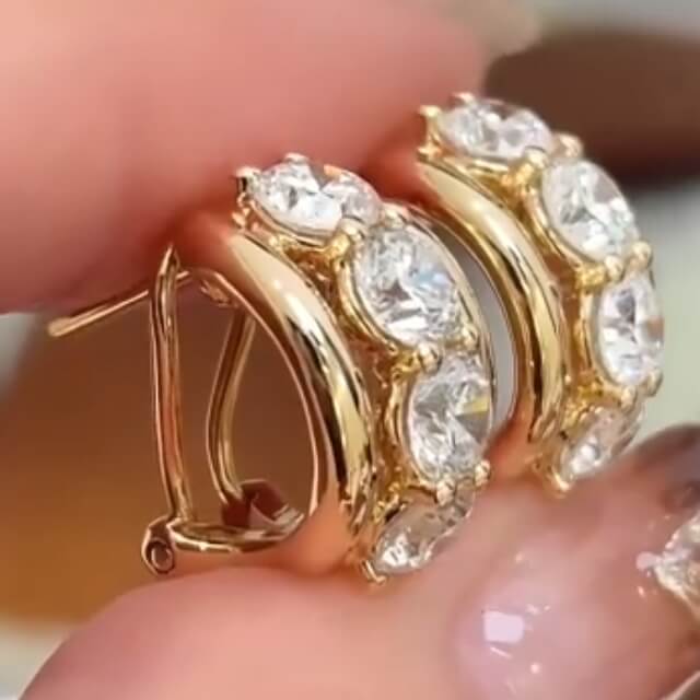 Classic Three Stone Yellow Gold Round Cut White Sapphire Hoop Earrings For Women