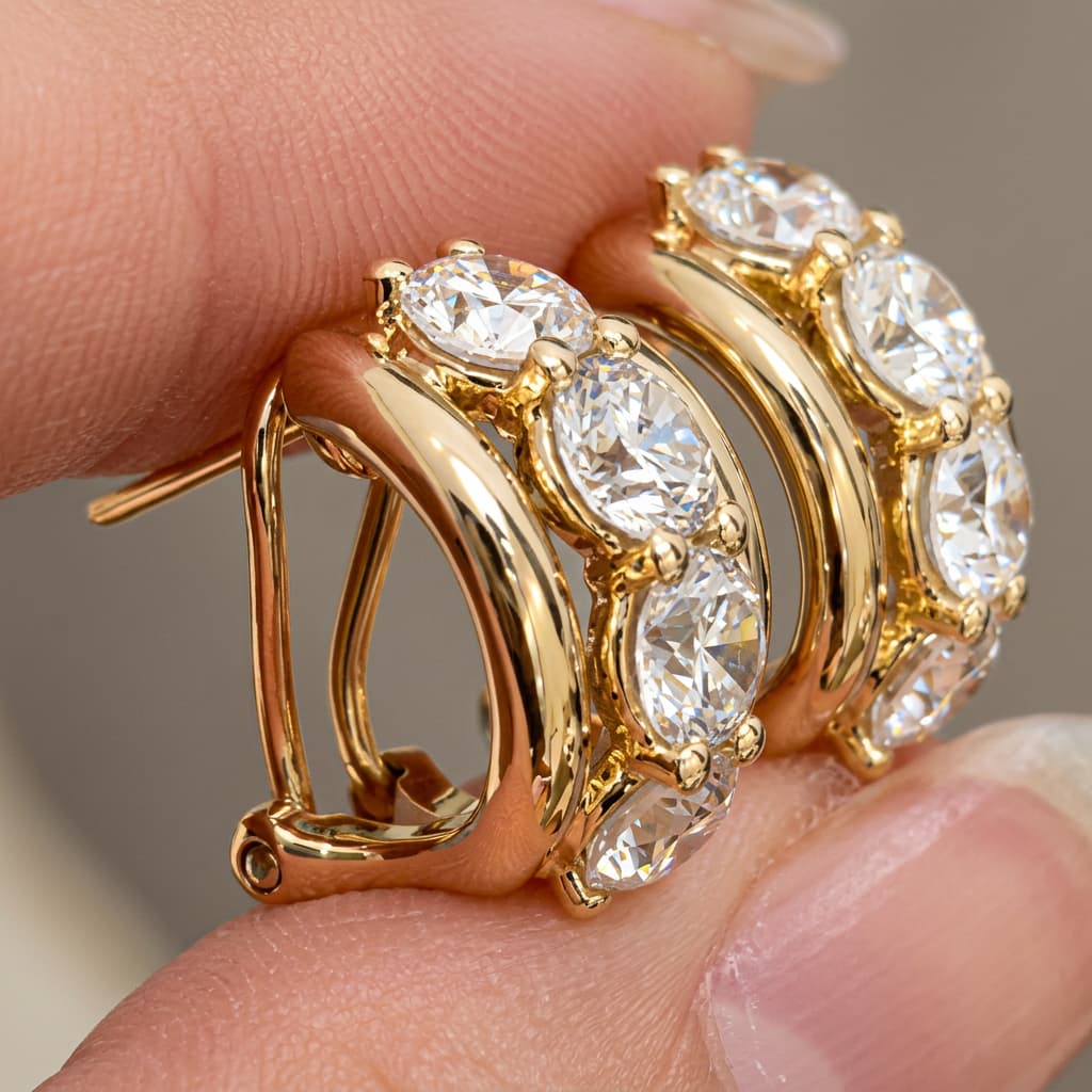 Classic Three Stone Yellow Gold Round Cut White Sapphire Hoop Earrings For Women