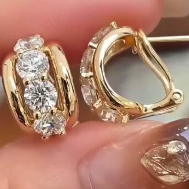 Classic Three Stone Yellow Gold Round Cut White Sapphire Hoop Earrings For Women