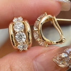 Classic Three Stone Yellow Gold Round Cut White Sapphire Hoop Earrings For Women