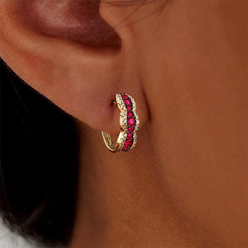 Multi-Row Pavé Two Tone Ruby Sapphire Round Cut Huggie Earrings For Women