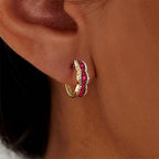Multi-Row Pavé Two Tone Ruby Sapphire Round Cut Huggie Earrings For Women