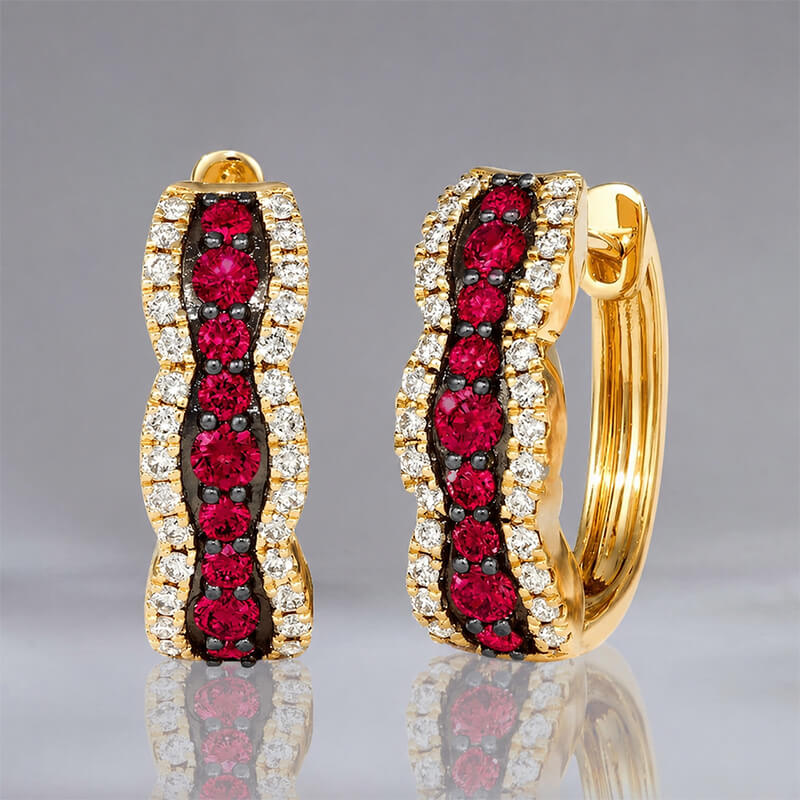 Multi-Row Pavé Two Tone Ruby Sapphire Round Cut Huggie Earrings For Women