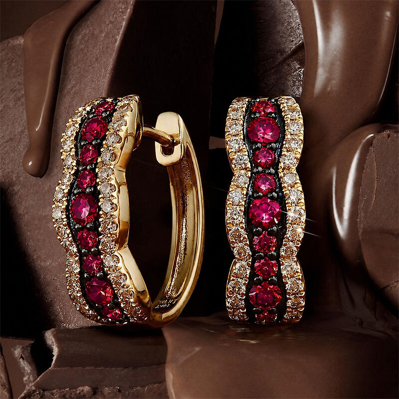 Multi-Row Pavé Two Tone Ruby Sapphire Round Cut Huggie Earrings For Women