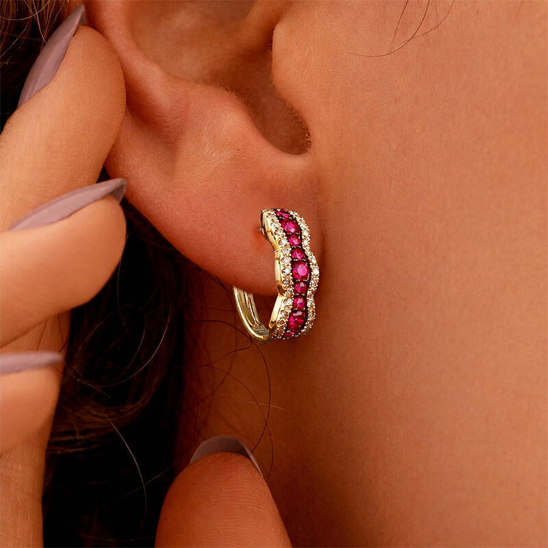 Multi-Row Pavé Two Tone Ruby Sapphire Round Cut Huggie Earrings For Women