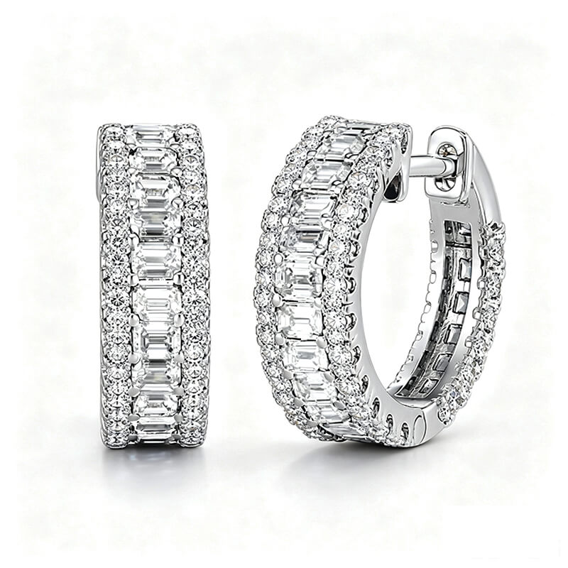 Classic Multi Row Emerald Cut White Sapphire Hoop Earrings For Women