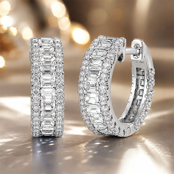 Classic Multi Row Emerald Cut White Sapphire Hoop Earrings For Women