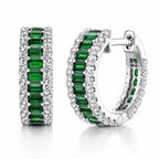 Classic Multi Row Emerald Cut Emerald & White Sapphire Hoop Earrings For Women