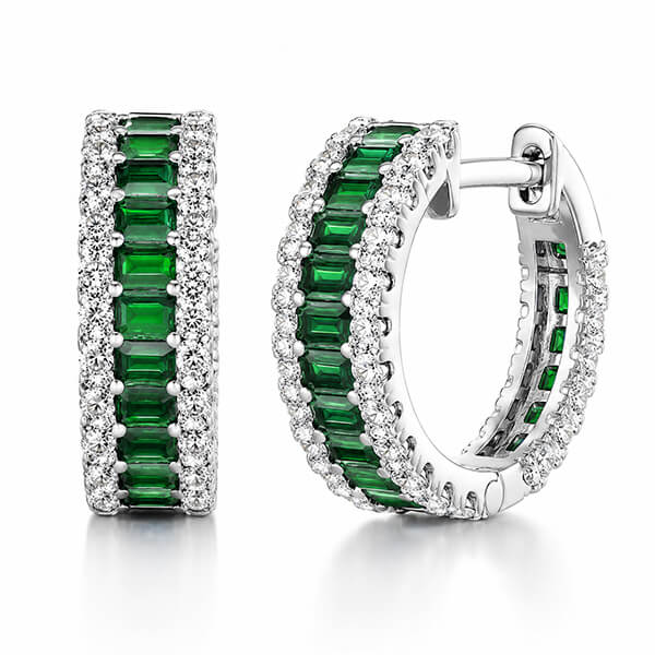 Classic Multi Row Emerald Cut Emerald & White Sapphire Hoop Earrings For Women