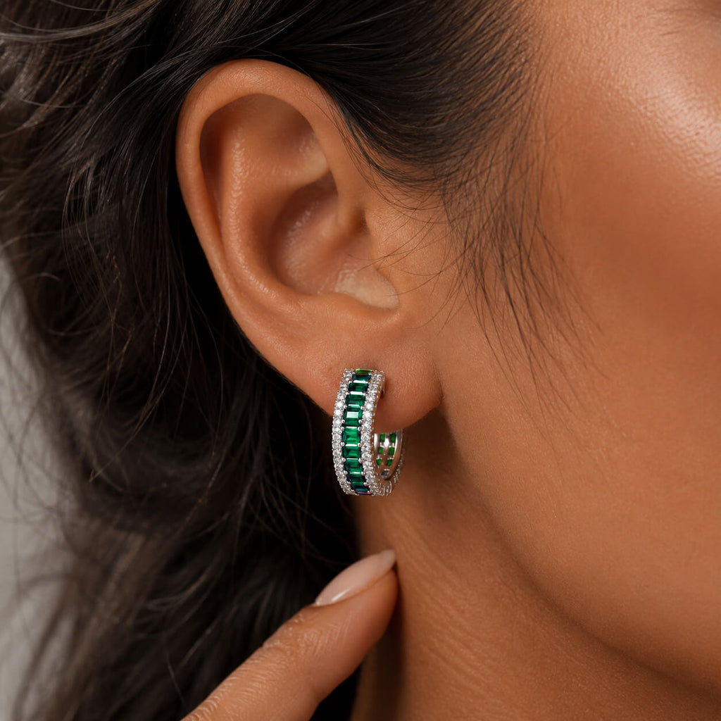 Classic Multi Row Emerald Cut Emerald & White Sapphire Hoop Earrings For Women