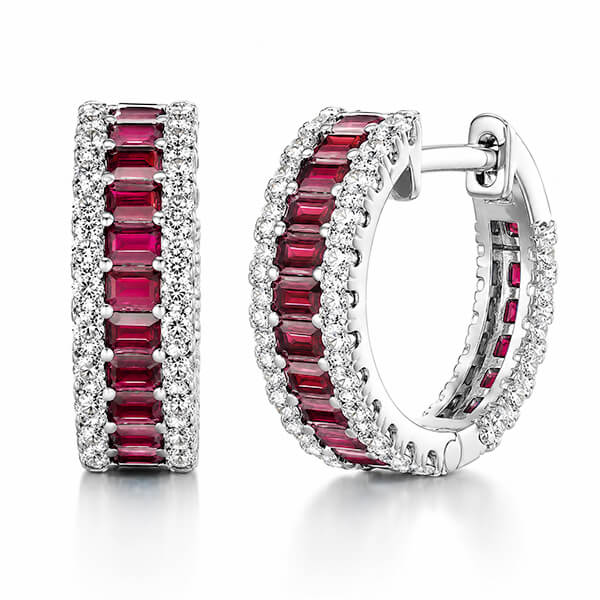 Classic Multi Row Emerald Cut Ruby & White Sapphire Hoop Earrings For Women