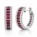 Classic Multi Row Emerald Cut Ruby & White Sapphire Hoop Earrings For Women