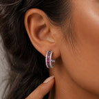 Classic Multi Row Emerald Cut Ruby & White Sapphire Hoop Earrings For Women
