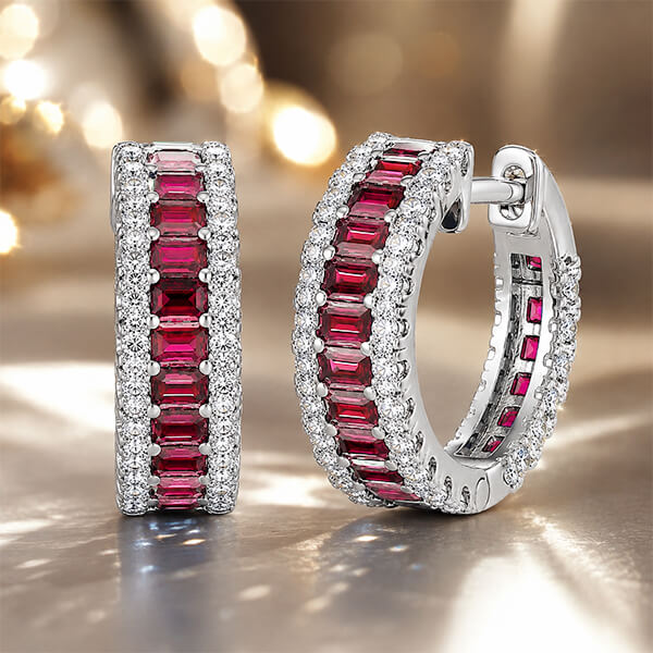 Classic Multi Row Emerald Cut Ruby & White Sapphire Hoop Earrings For Women