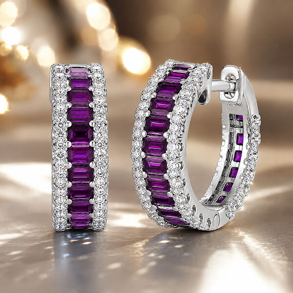 Classic Multi Row Emerald Cut Amethyst & White Sapphire Hoop Earrings For Women