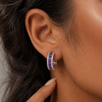 Classic Multi Row Emerald Cut Amethyst & White Sapphire Hoop Earrings For Women