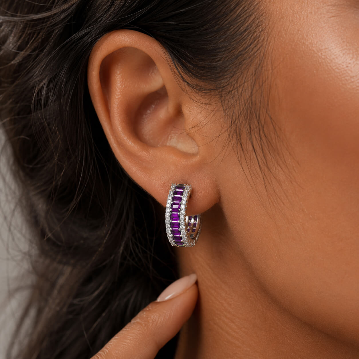 Classic Multi Row Emerald Cut Amethyst & White Sapphire Hoop Earrings For Women