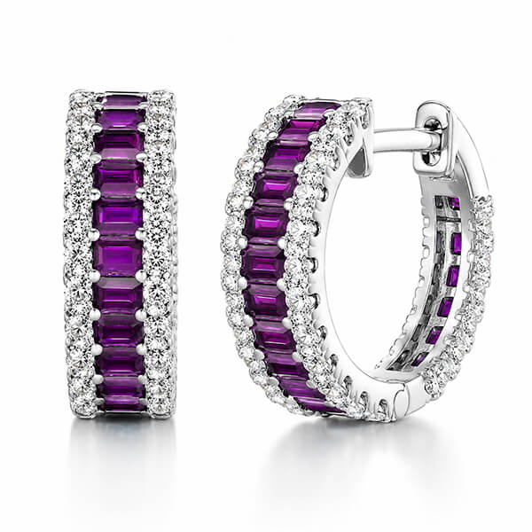 Classic Multi Row Emerald Cut Amethyst & White Sapphire Hoop Earrings For Women